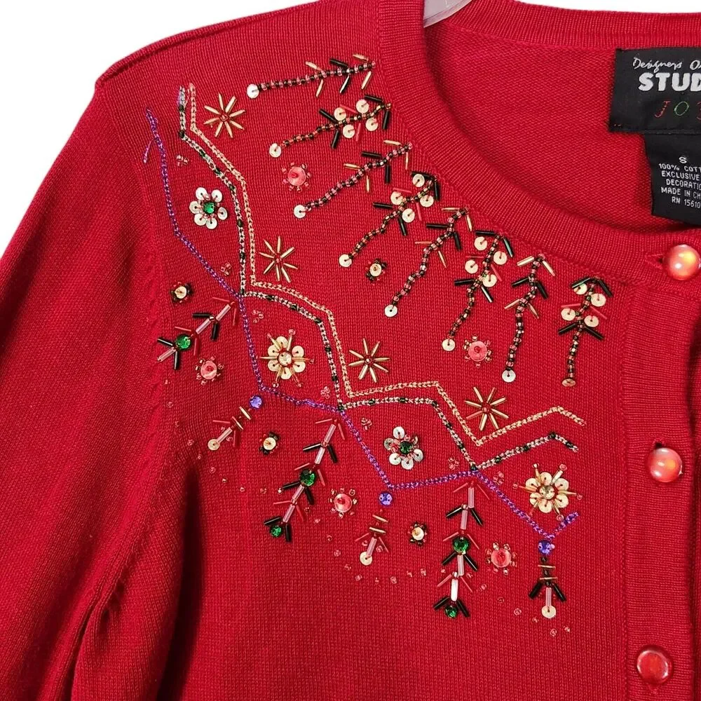 VTG 9Os CHRISTMAS SWEATER CARDIGAN RED BUTTON UP BEADED FANCY 100% COTTON SMALL